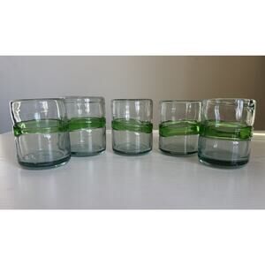 Set Of 5 Green Hand-Blown Mexican Bubble Glass Style Tumblers Cups Heavy Bottoms